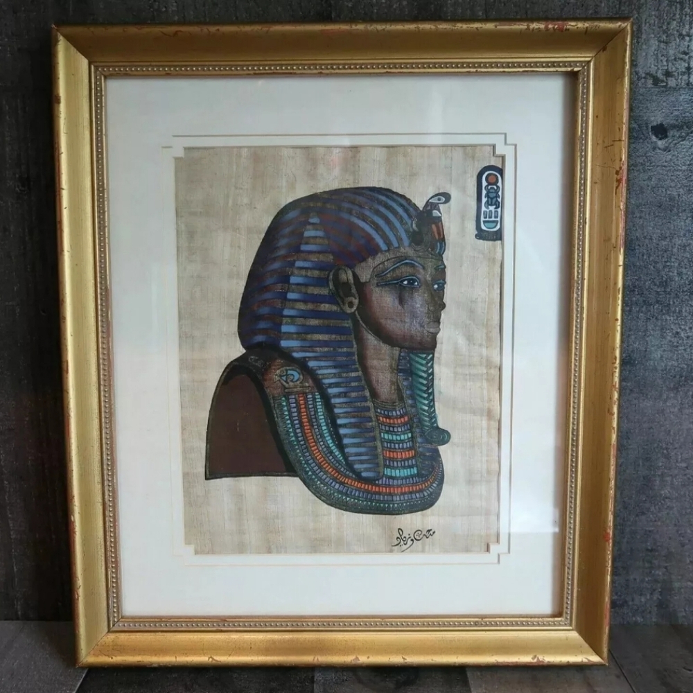 Egyptian Souvenir Pharaoh Painting Artisan Paper Papyrus Signed Framed Egypt